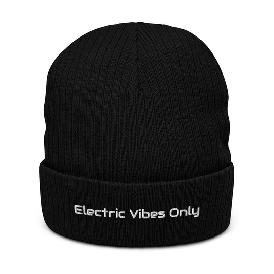 Black ribbed cuffed beanie with Electric Vibes Only embroidery - front view.