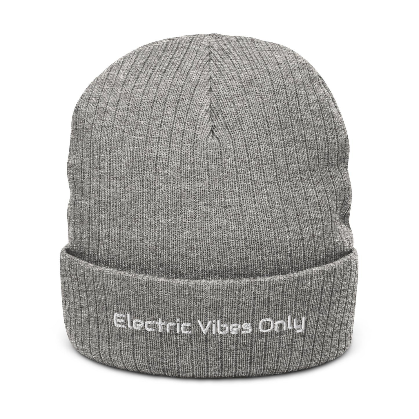  Light grey melange ribbed cuffed beanie with Electric Vibes Only embroidery - front view.