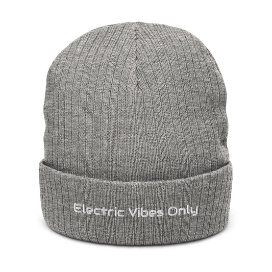  Light grey melange ribbed cuffed beanie with Electric Vibes Only embroidery - front view.