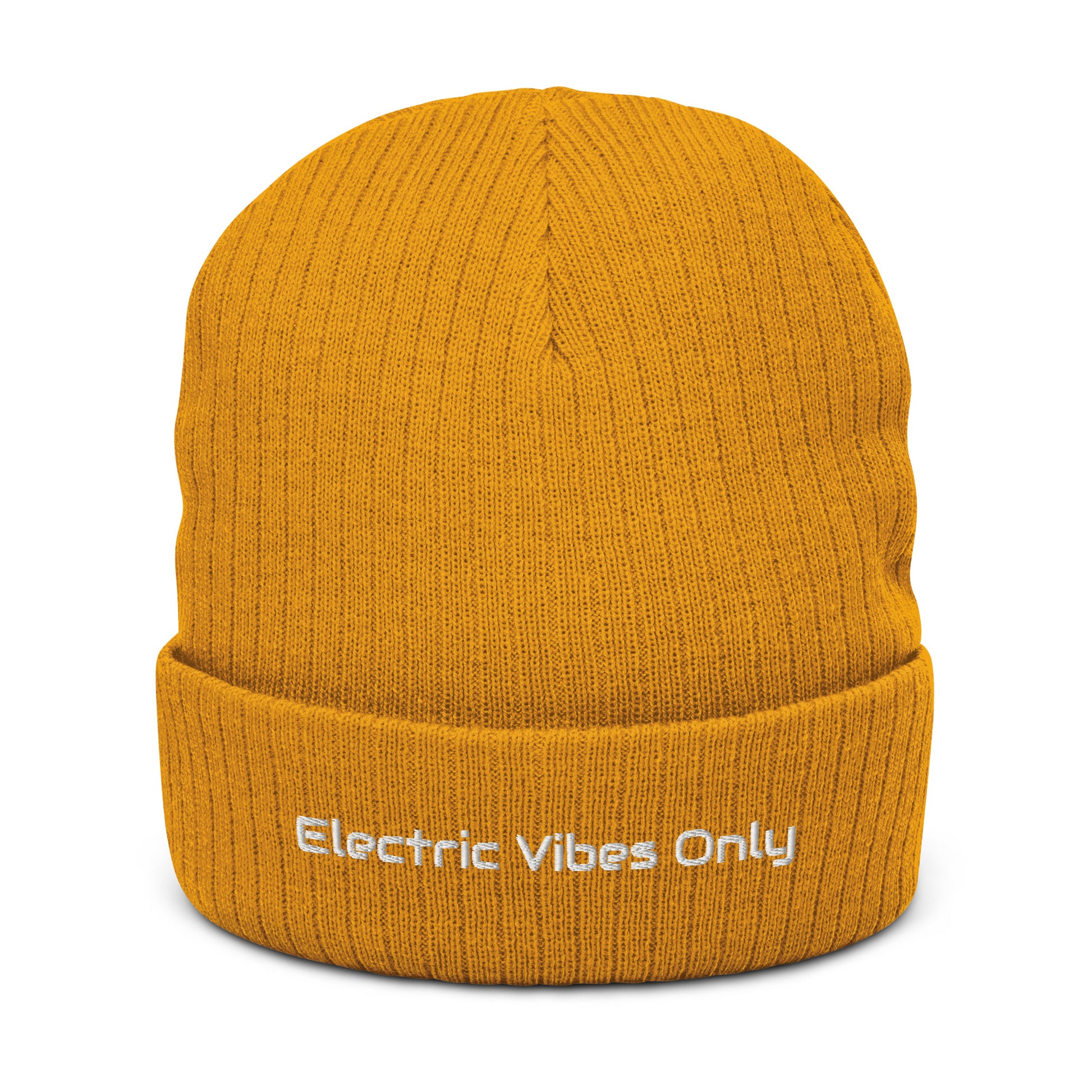  Mustard ribbed cuffed beanie with Electric Vibes Only embroidery - front view