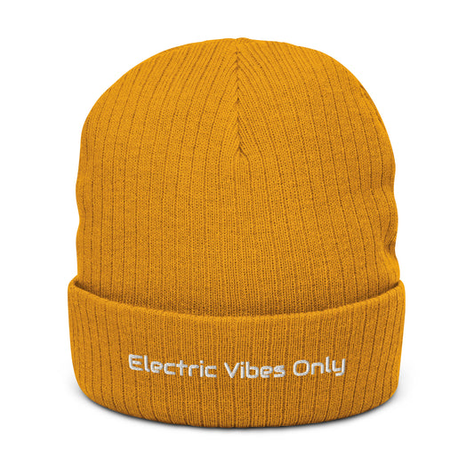  Mustard ribbed cuffed beanie with Electric Vibes Only embroidery - front view