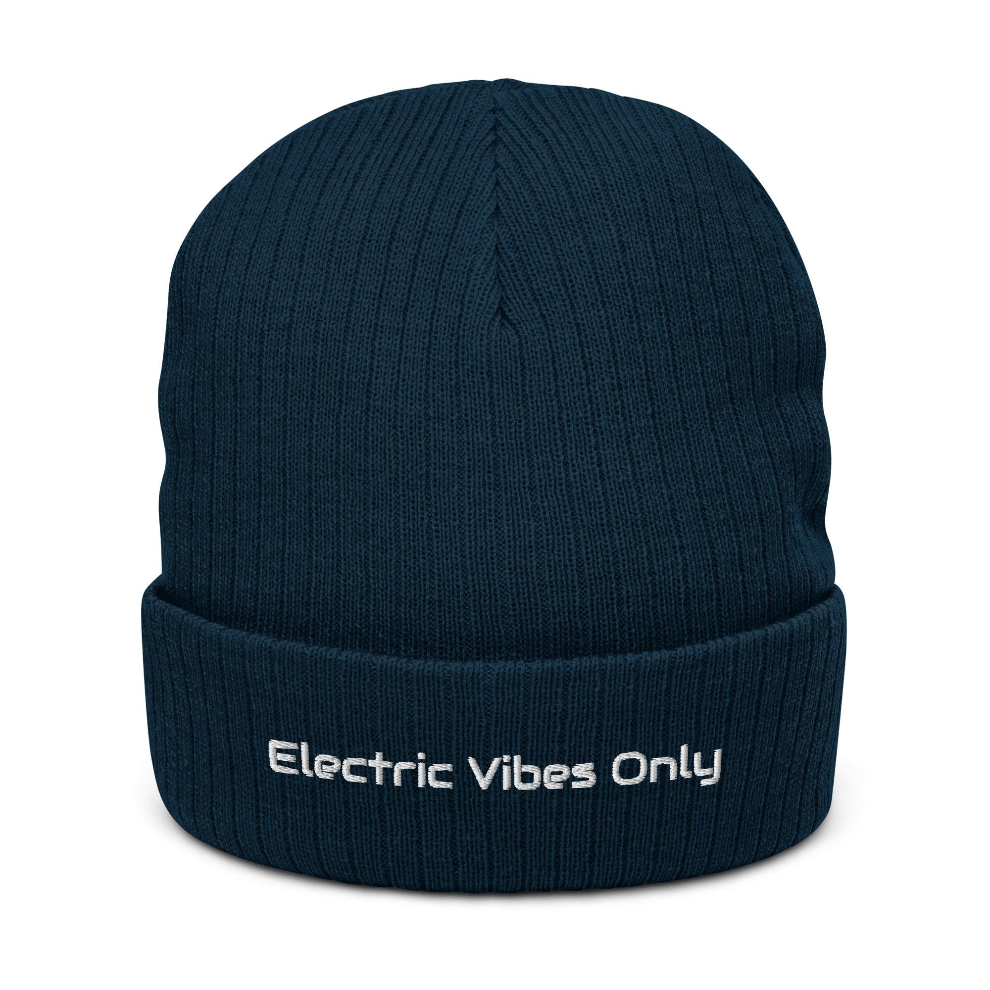 Navy Blue cuffed beanie with Electric Vibes Only embroidery - front view.