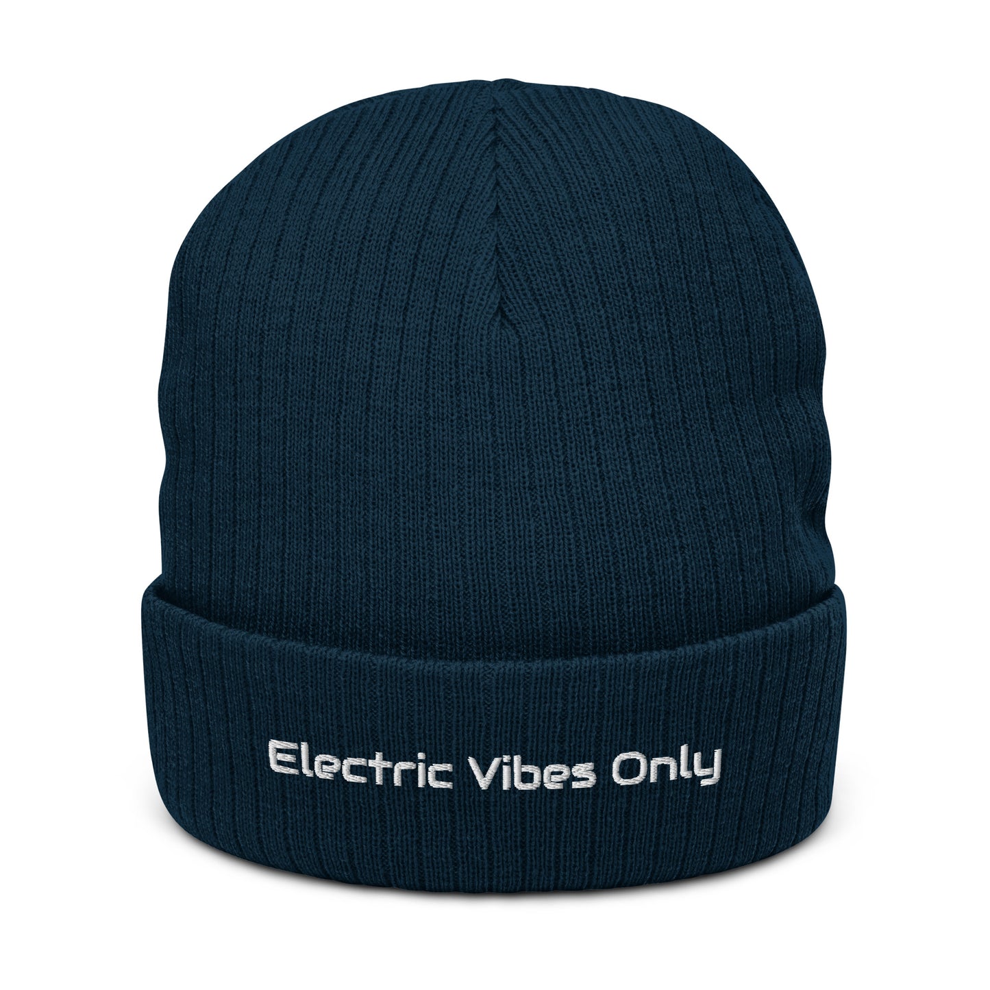 Navy Blue cuffed beanie with Electric Vibes Only embroidery - front view.