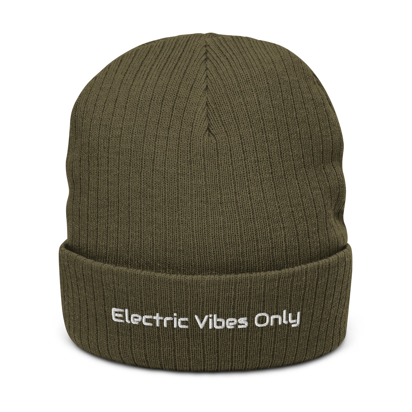 Olive ribbed cuffed beanie with Electric Vibes Only embroidery - front view.