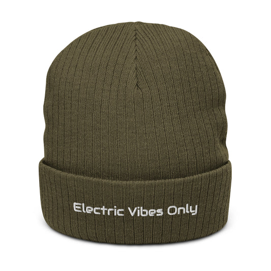 Olive ribbed cuffed beanie with Electric Vibes Only embroidery - front view.