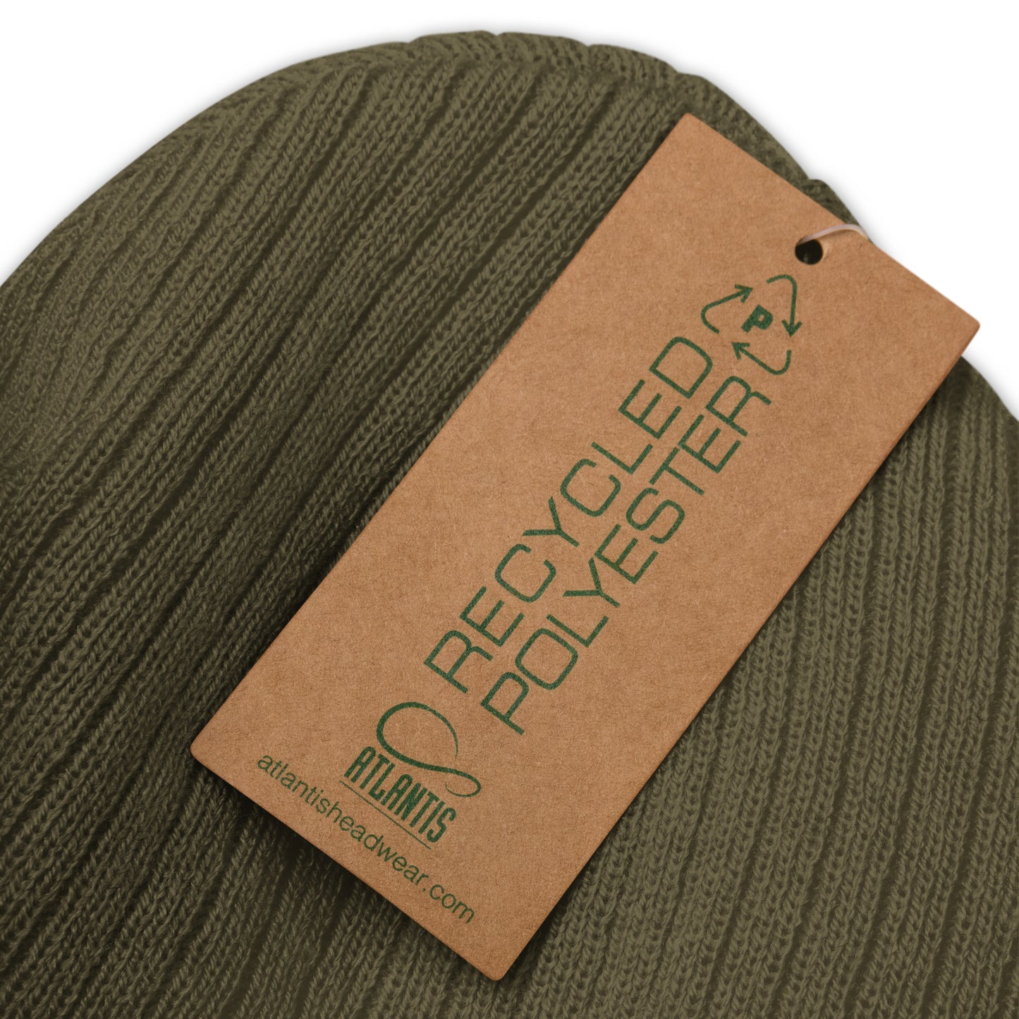 olive cuffed beanie with a recycled polyester tag on a white background.