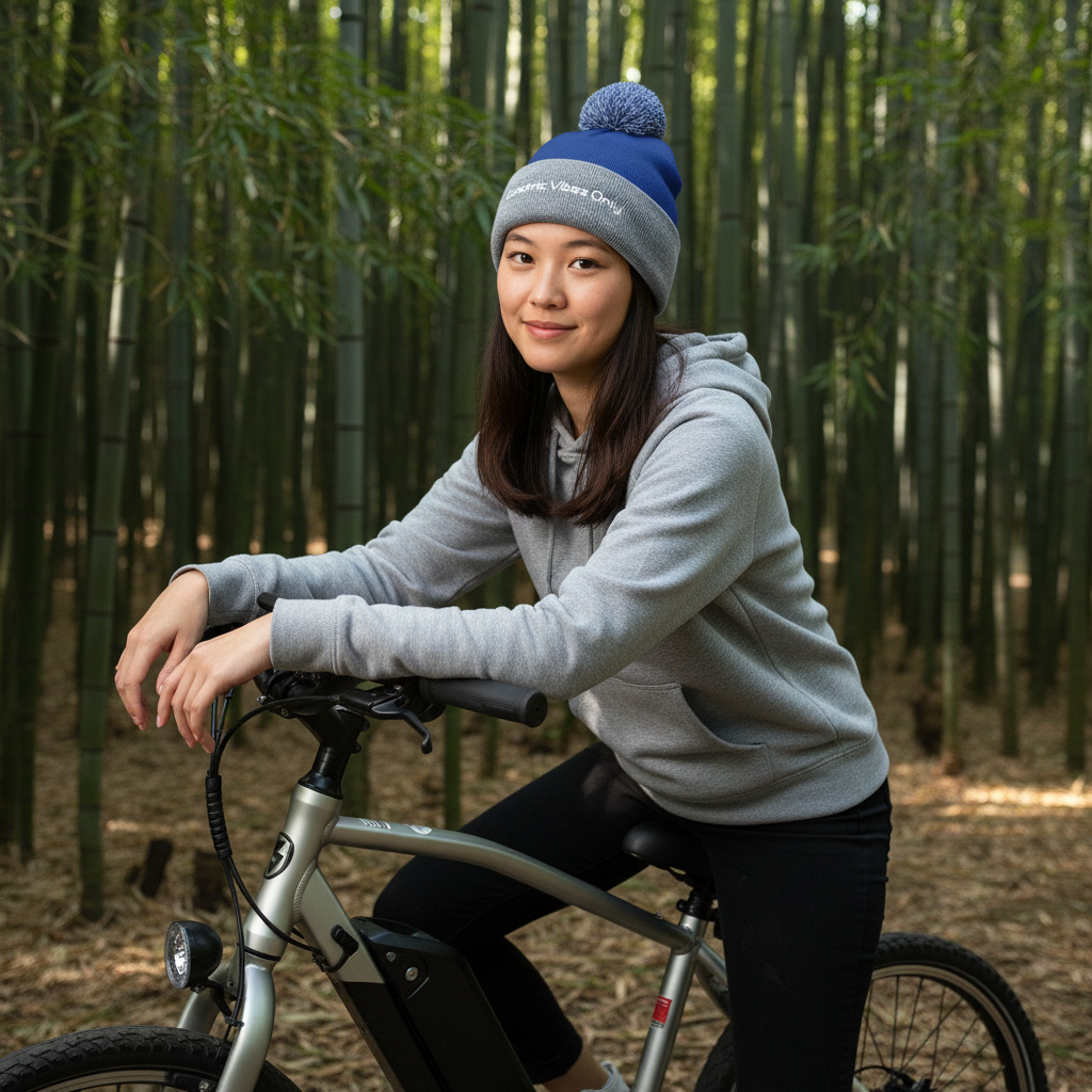 Royal/ Heather Grey Cuff pom pom  - woman on her e-bike in bamboo forest, three-quarter angle