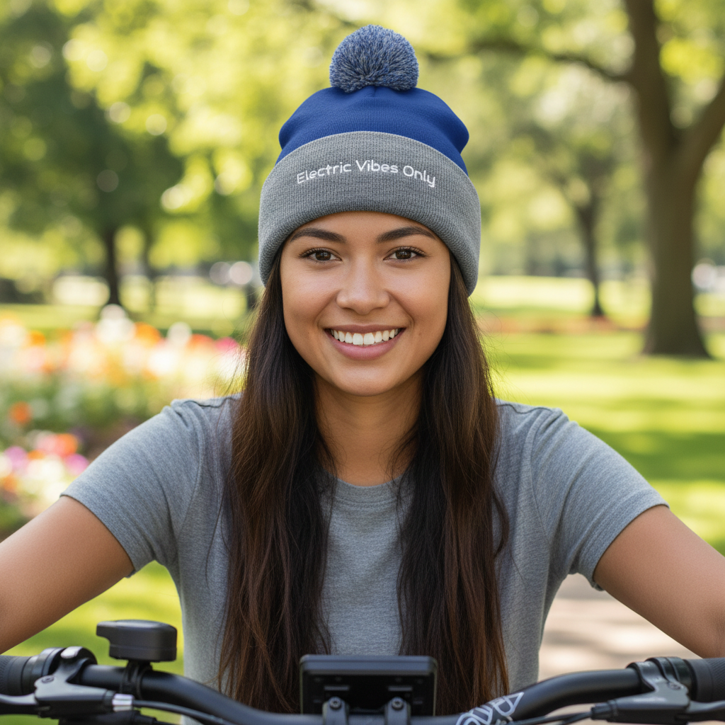 Royal/ Heather Grey Cuff pom pom - woman sitting on her e-bike at a park. 
