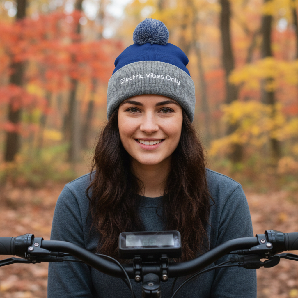 Royal/ Heather Grey Cuff pom pom  - Woman sitting on her e-bike in autumn forest.