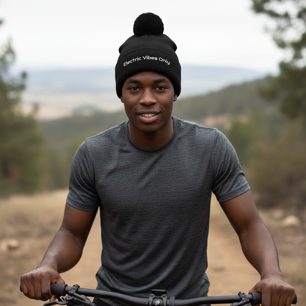 All Black Pom-Pom  Beanie athletic man with e-bike