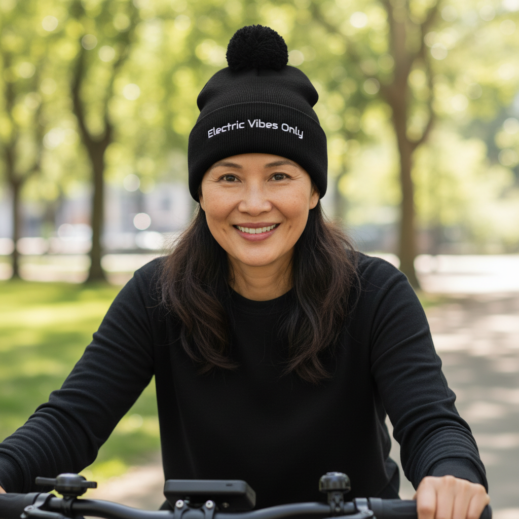 All Black Pom-Pom Beanie mature woman
