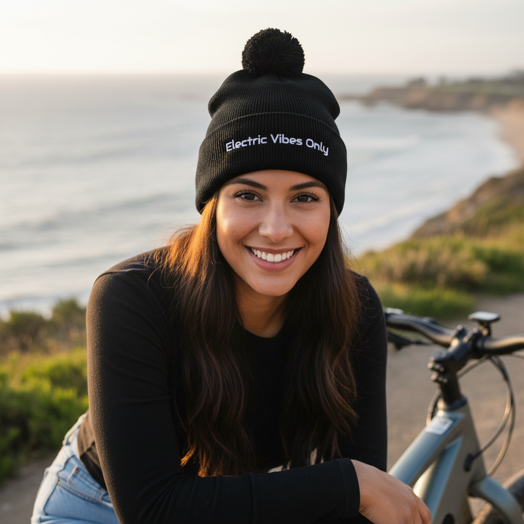 All Black Pom-Pom  Beanie young  woman