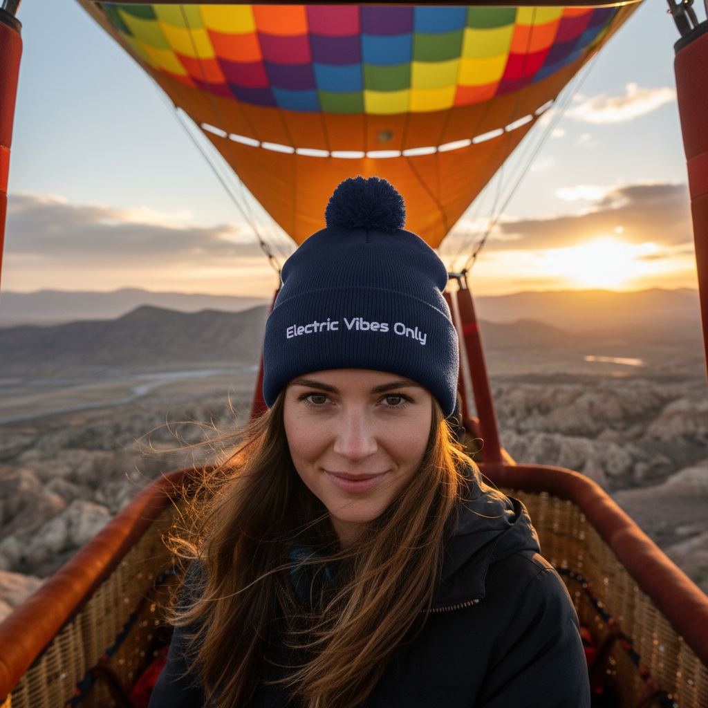Square hot air balloon shot with navy pom pom beanie lettering visible