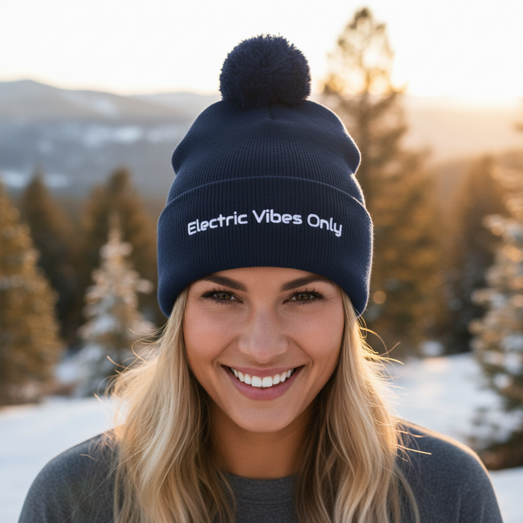 Straight-on head shot of blonde woman in navy pom-pom beanie