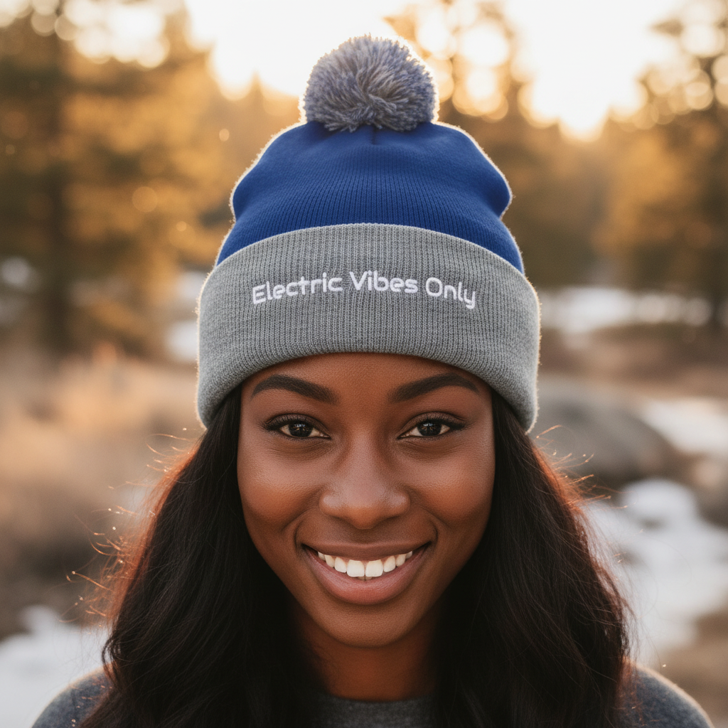 Straight-on head shot of dark-skinned woman in Royal/ Heather Grey beanie