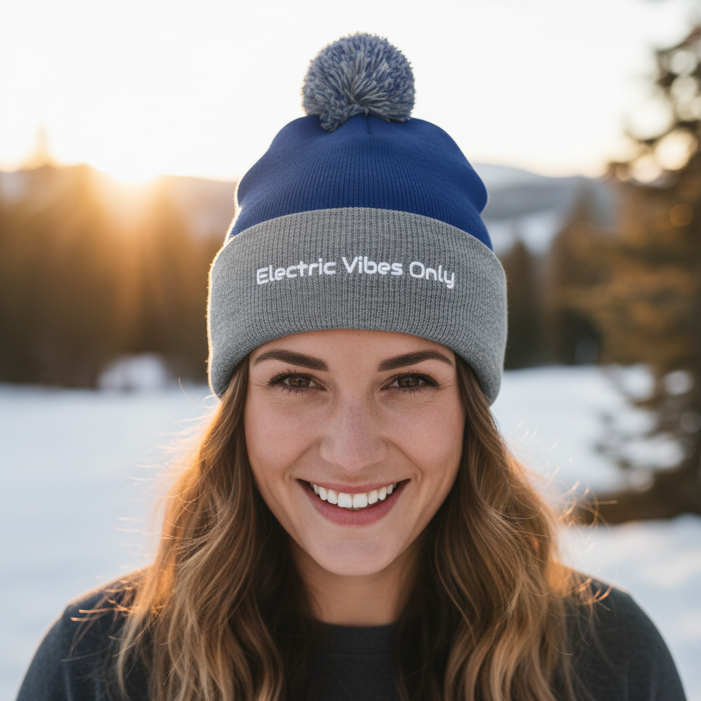 Straight-on head shot of different woman in Royal/ Heather Grey beanie