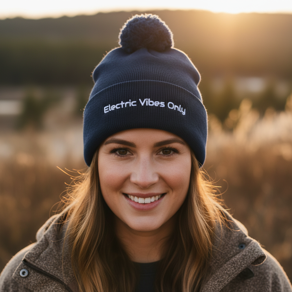 Straight-on head shot of light-skinned woman in navy pom-pom beanie