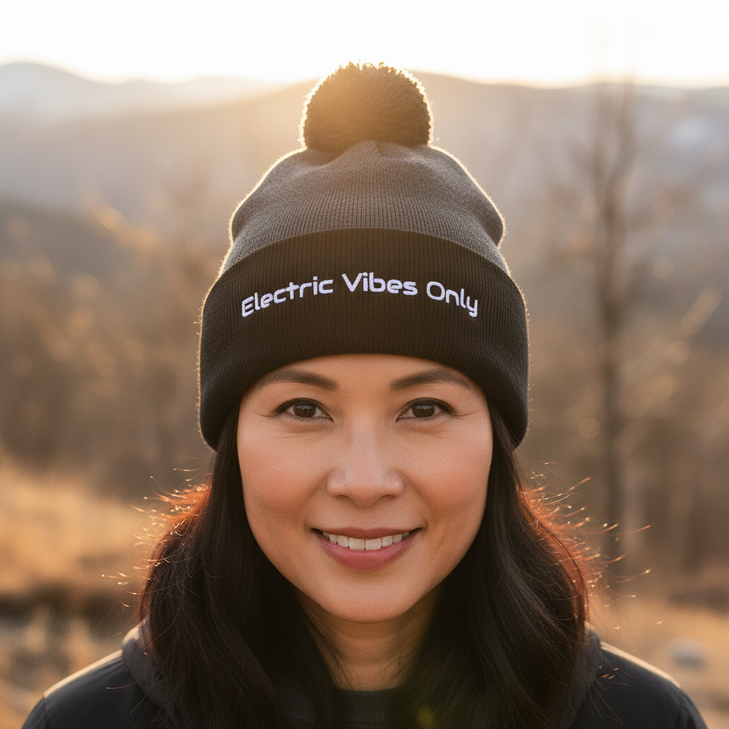 Straight-on head shot of middle-aged Asian woman in dark heather grey/ black beanie