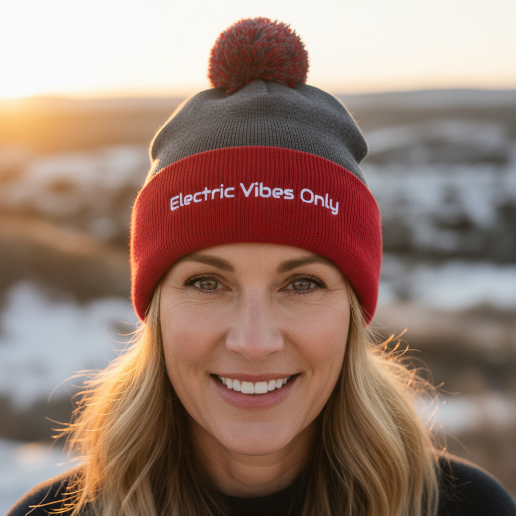 Straight-on head shot of middle-aged blonde woman in dark heather grey / red beanie