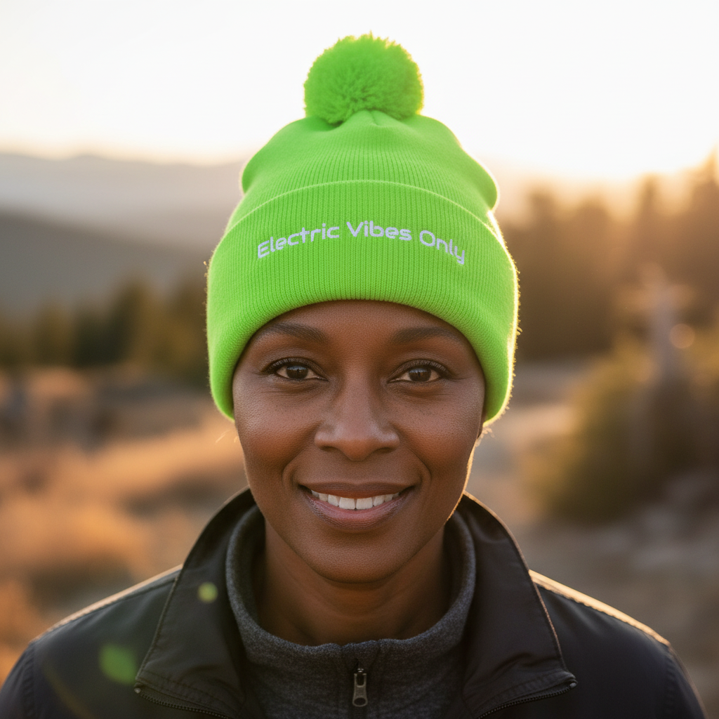 Straight-on head shot of middle-aged dark-skinned woman in neon green beanie
