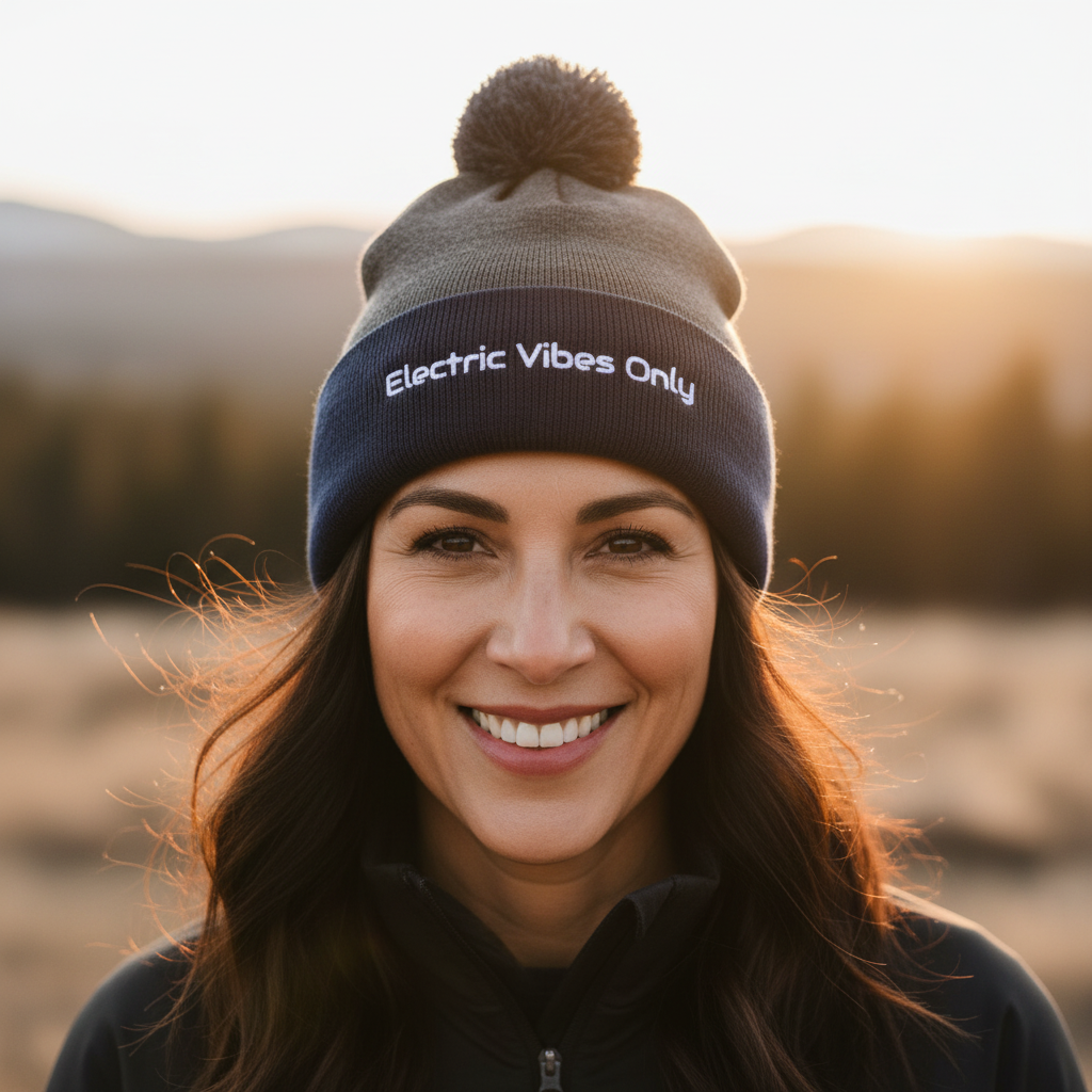 Straight-on head shot of middle-aged Latina woman in dark heather grey / navy beanie