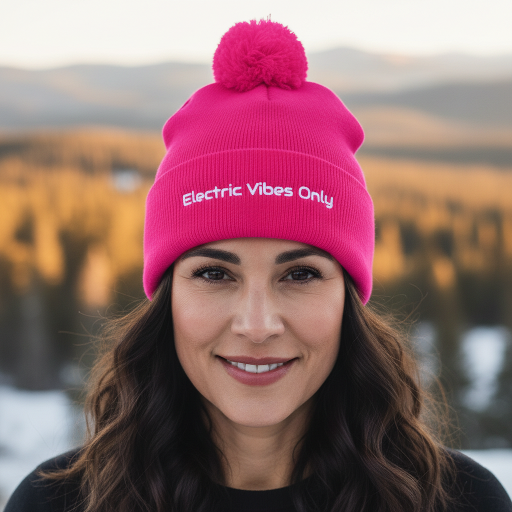 Straight-on head shot of middle-aged olive-skinned woman in neon pink beanie