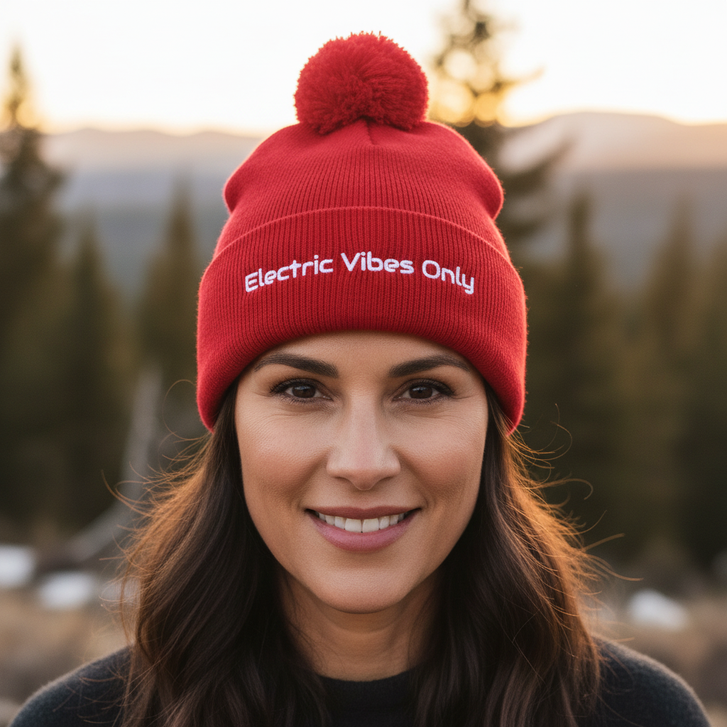 Straight-on head shot of middle-aged olive-skinned woman in red beanie
