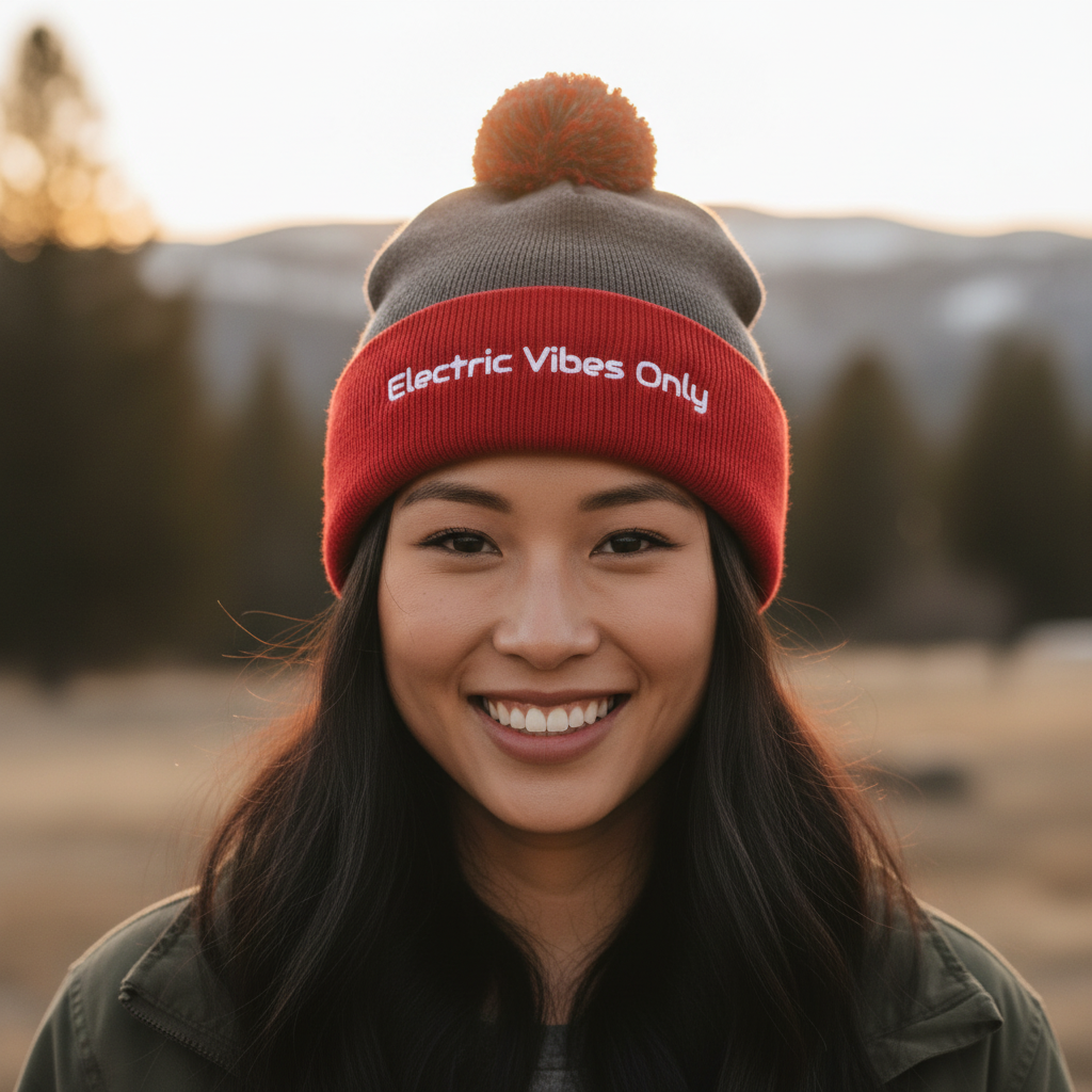 Straight-on head shot of young Asian woman in dark heather grey / red beanie