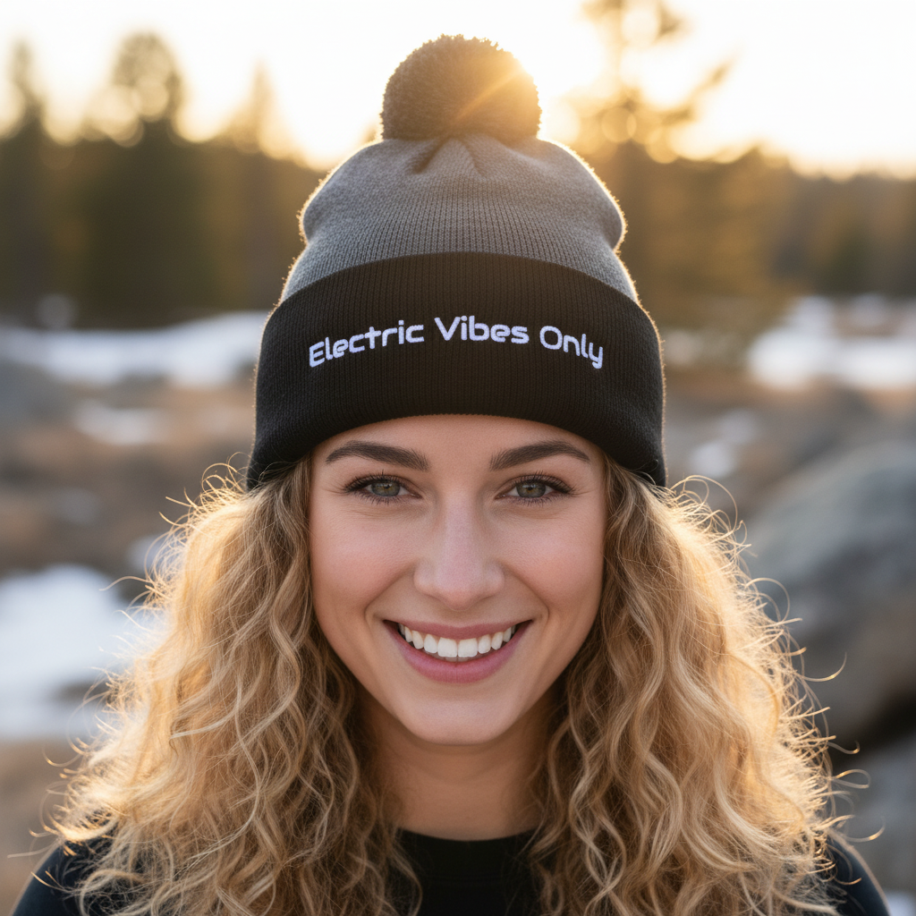 Straight-on head shot of young blonde woman in dark heather grey/ black beanie