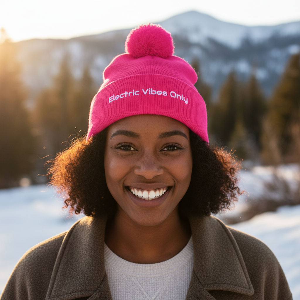 Straight-on head shot of young dark-skinned woman with afro in neon pink beanie