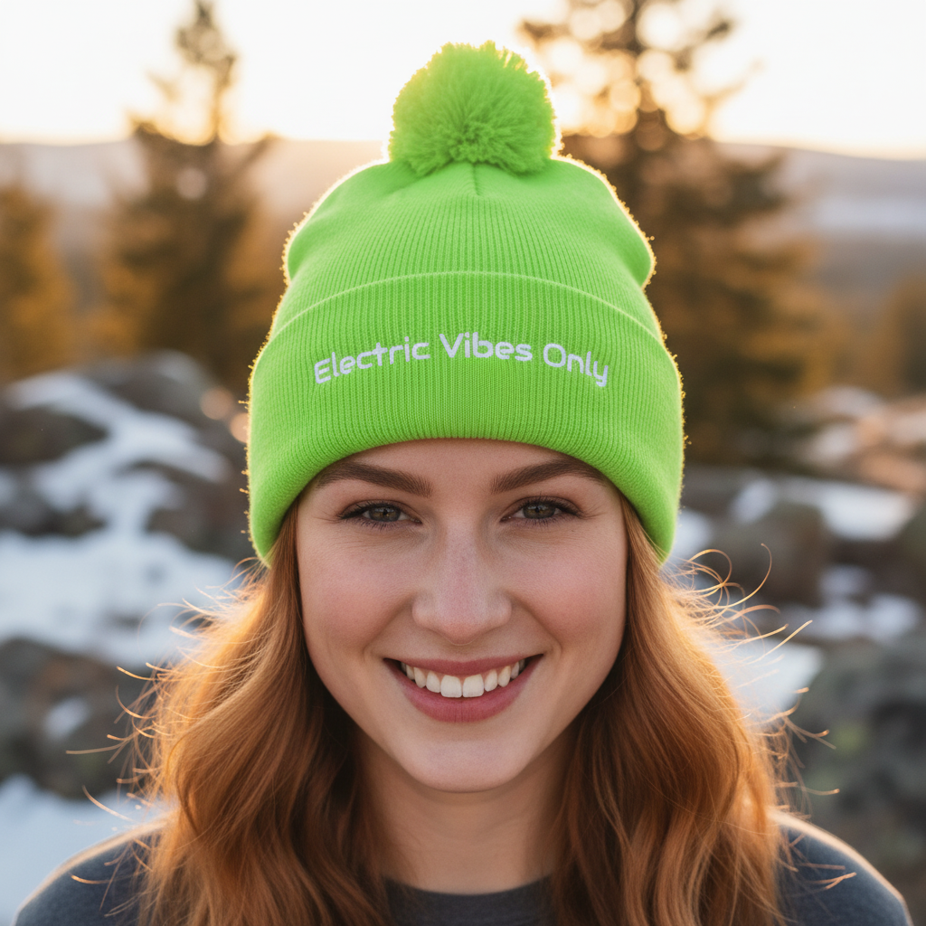 Straight-on head shot of young redhead in neon green beanie