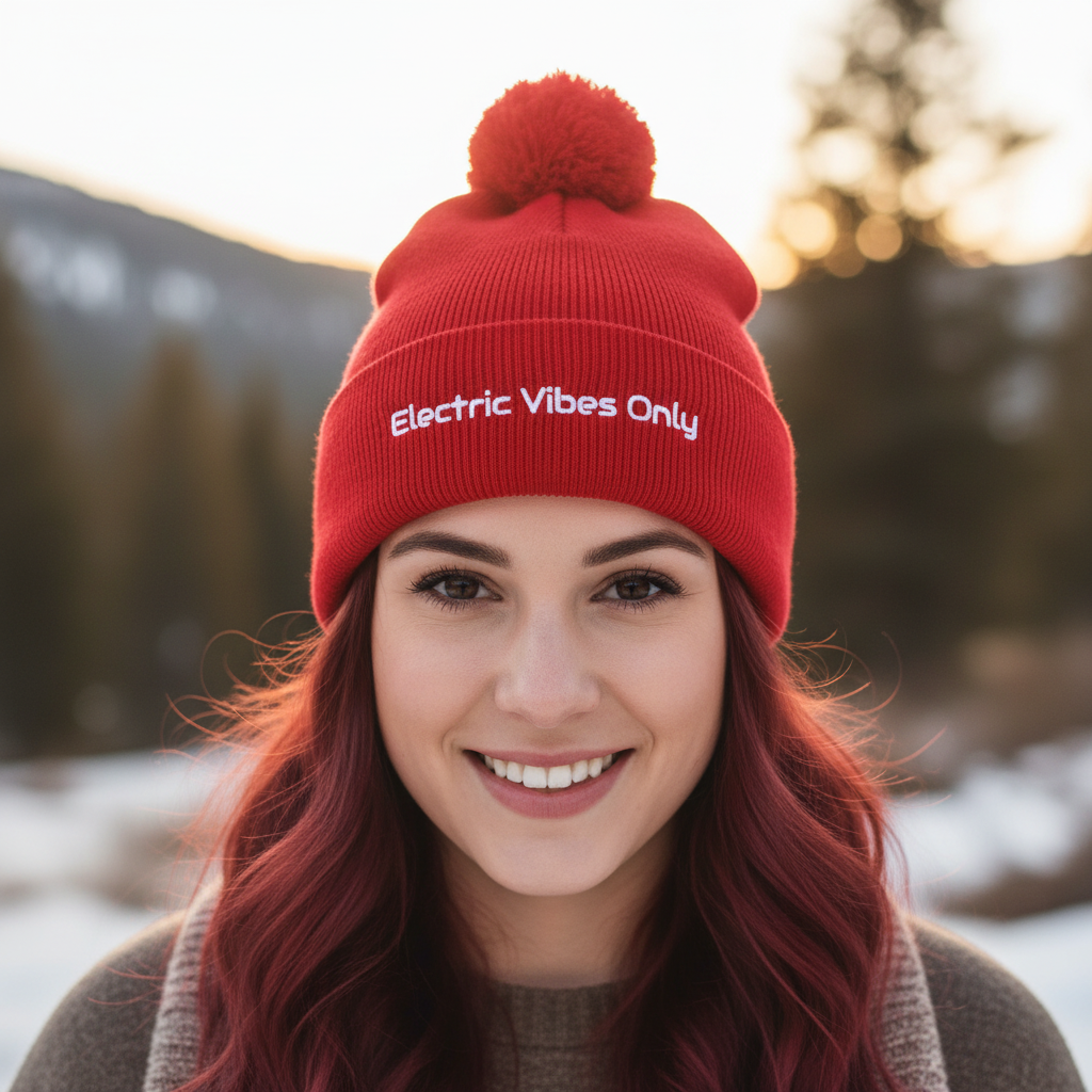 Straight-on head shot of young redhead in red beanie
