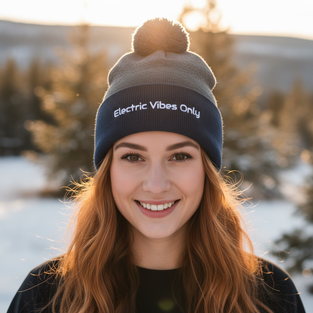 Straight-on head shot of young woman with auburn hair dark heather grey / navy beanie