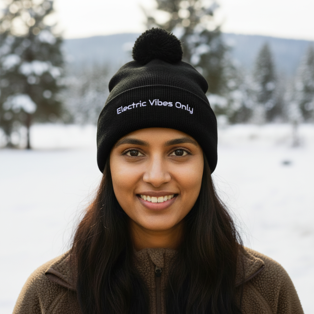 Straight-on headshot of Indian woman wearing black Electric Vibes Only beanie with snowy background