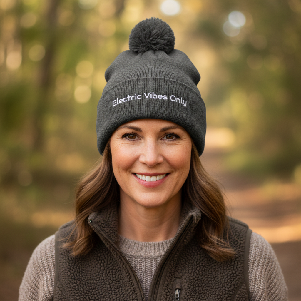 Straight-on headshot of middle-aged woman wearing dark heather grey Electric Vibes Only beanie