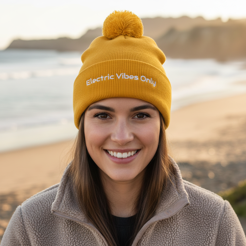 Straight-on headshot of woman in coastal setting wearing gold Electric Vibes Only beanie
