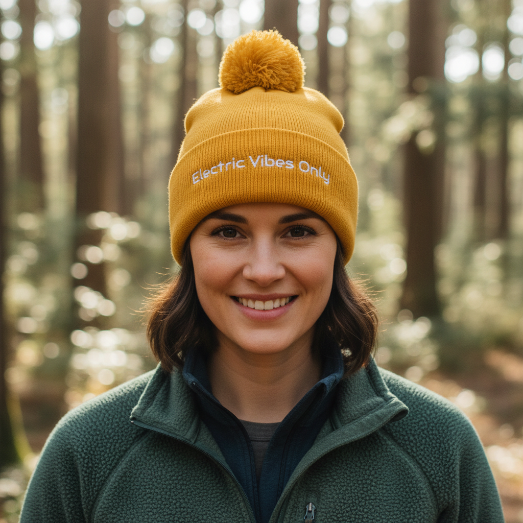 Straight-on headshot of woman in forest setting wearing gold Electric Vibes Only beanie