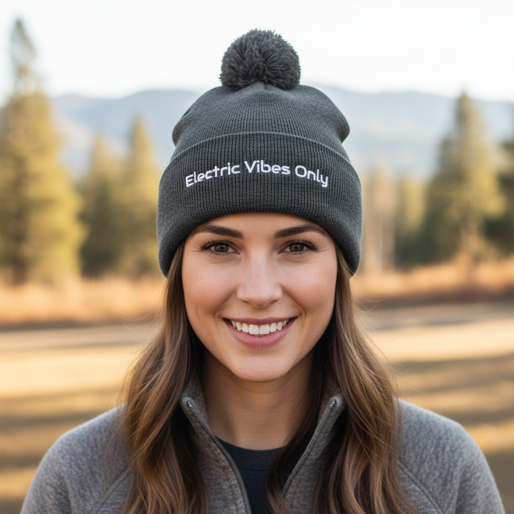 Straight-on headshot of woman wearing dark heather grey Electric Vibes Only beanie