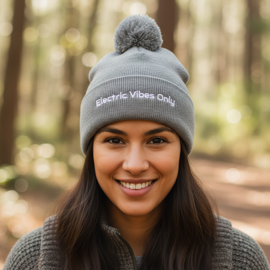 Straight-on headshot of woman with olive skin wearing heather grey pom pom Electric Vibes Only beanie