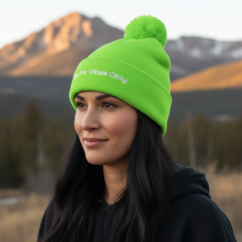 Three-quarter head shot of a woman in acid green pom pom beanie.