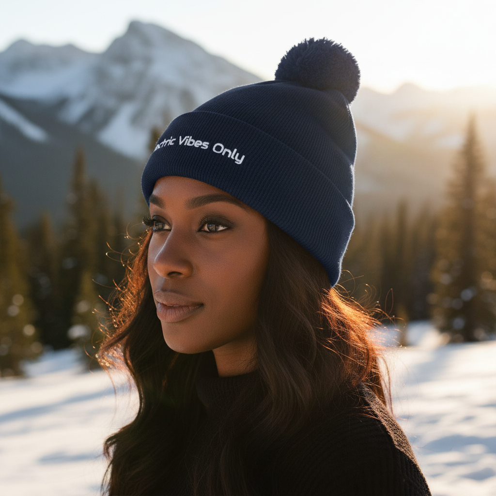 Three-quarter head shot of dark-skinned woman in navy pom-pom beanie