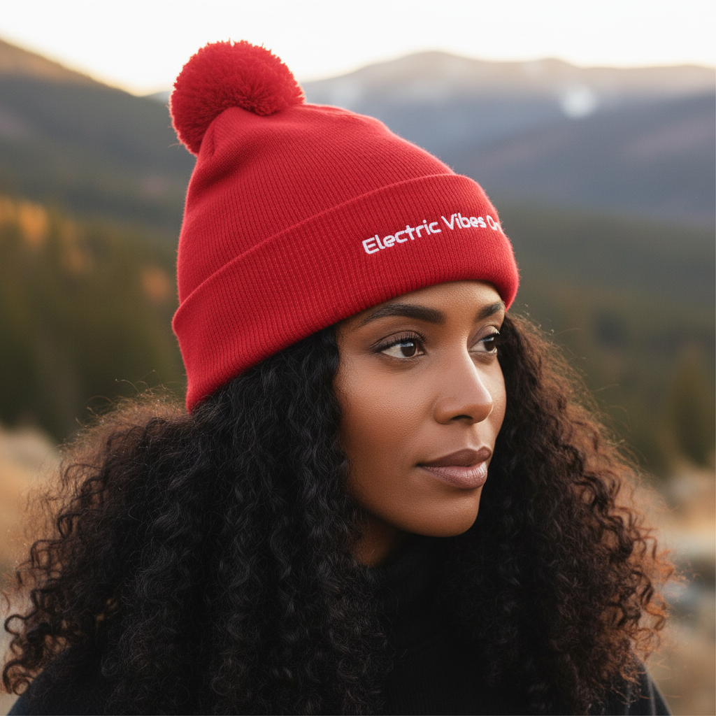 Three-quarter head shot of a woman wearing a red pom pom beanie.