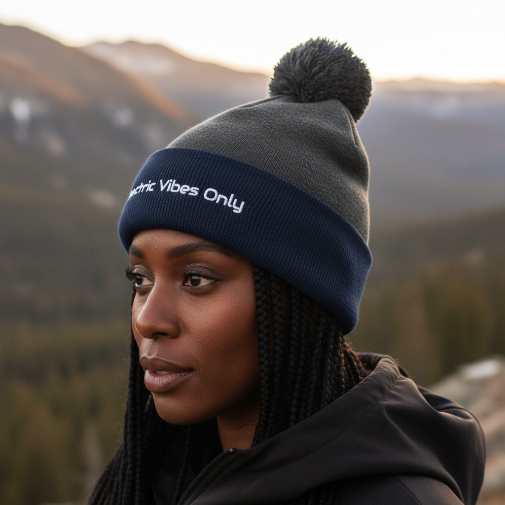Three-quarter head shot of a woman with braids in dark heather grey / navy pom pom beanie.