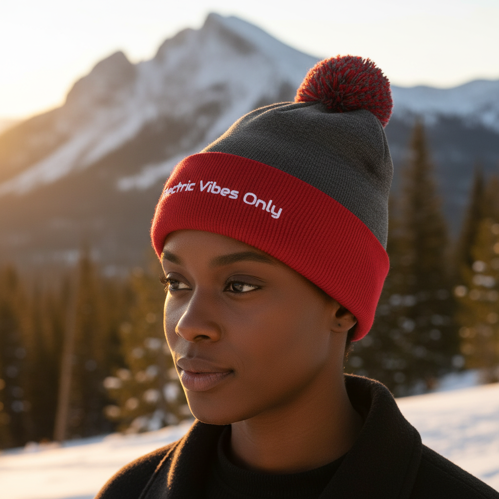 Three-quarter head shot of a woman in dark heather grey / red pom pom beanie