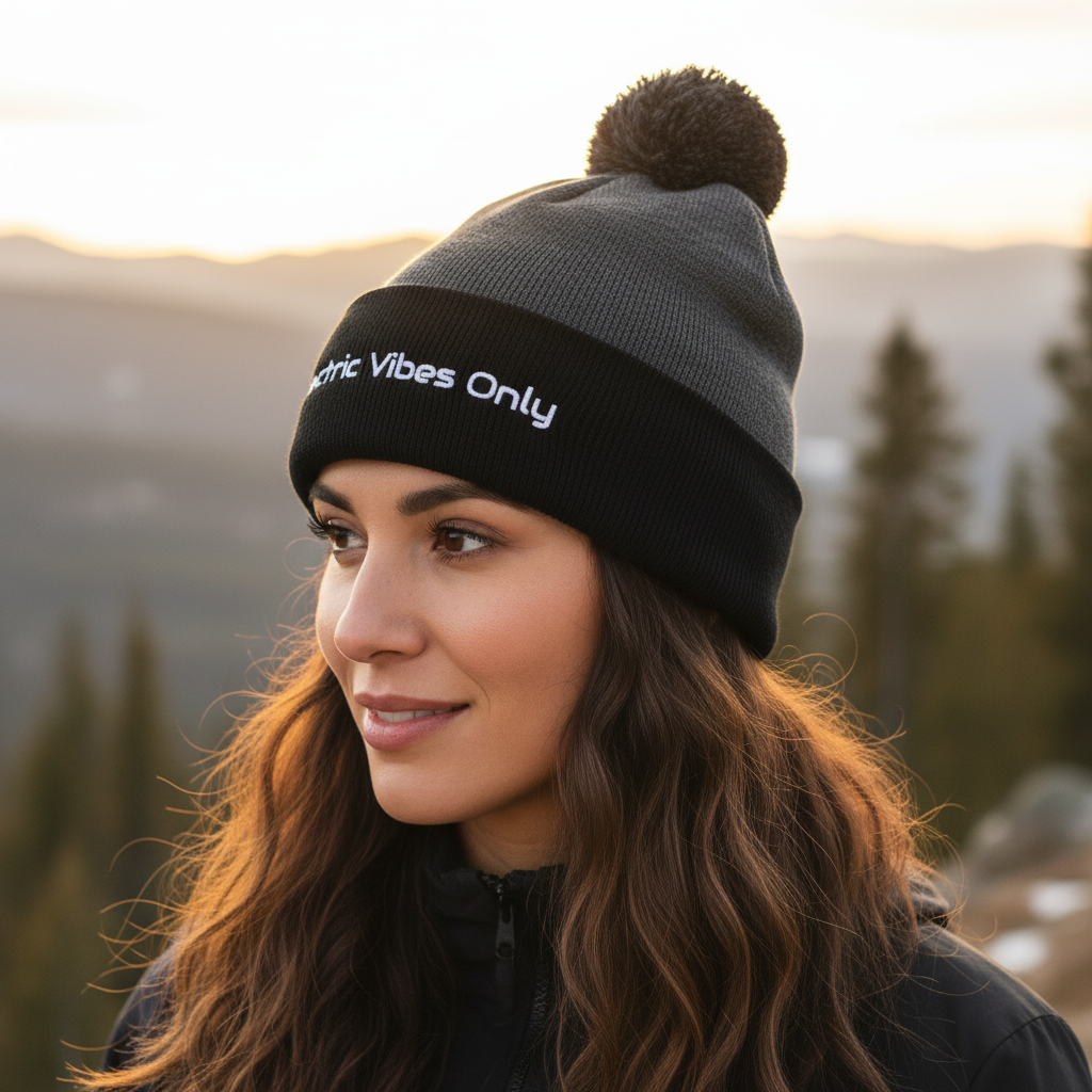 Three-quarter head shot of a woman in dark heather grey/ black pom pom beanie.