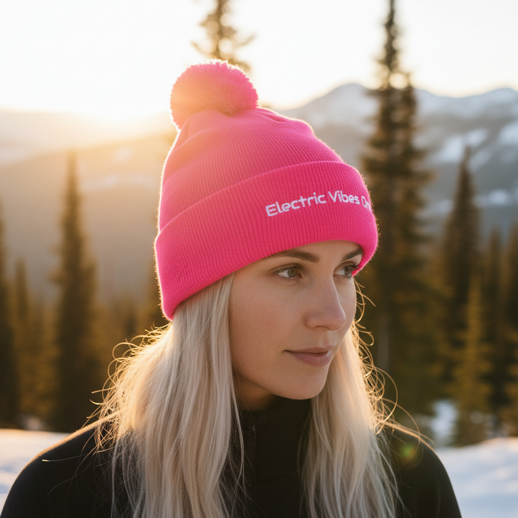 Three-quarter head shot of a woman in neon pink pom pom beanie.