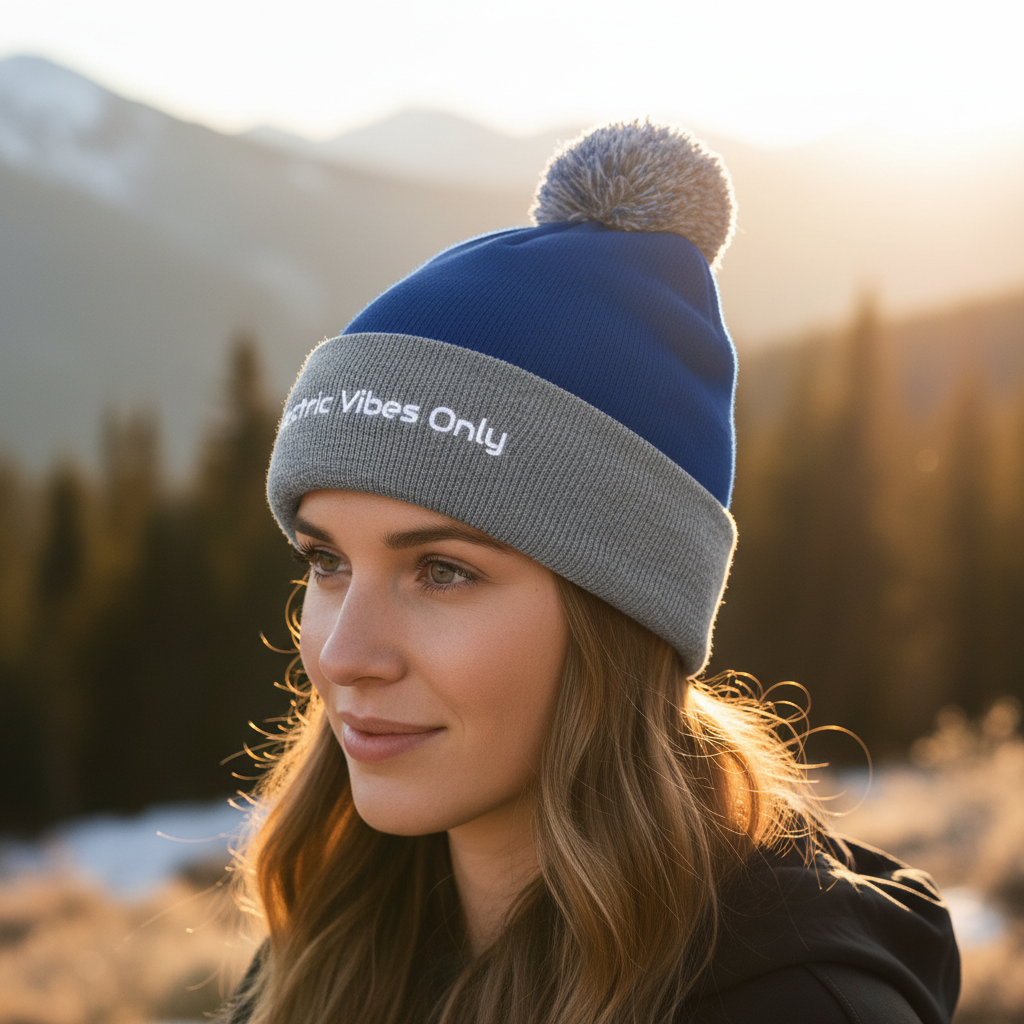Three-quarter head shot of woman in Royal/ Heather Grey Cuff pom pom 