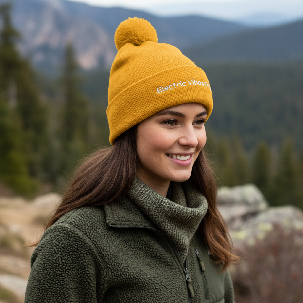 Three-quarter headshot of woman on mountain trail wearing Gold pom pom Electric Vibes Only beanie