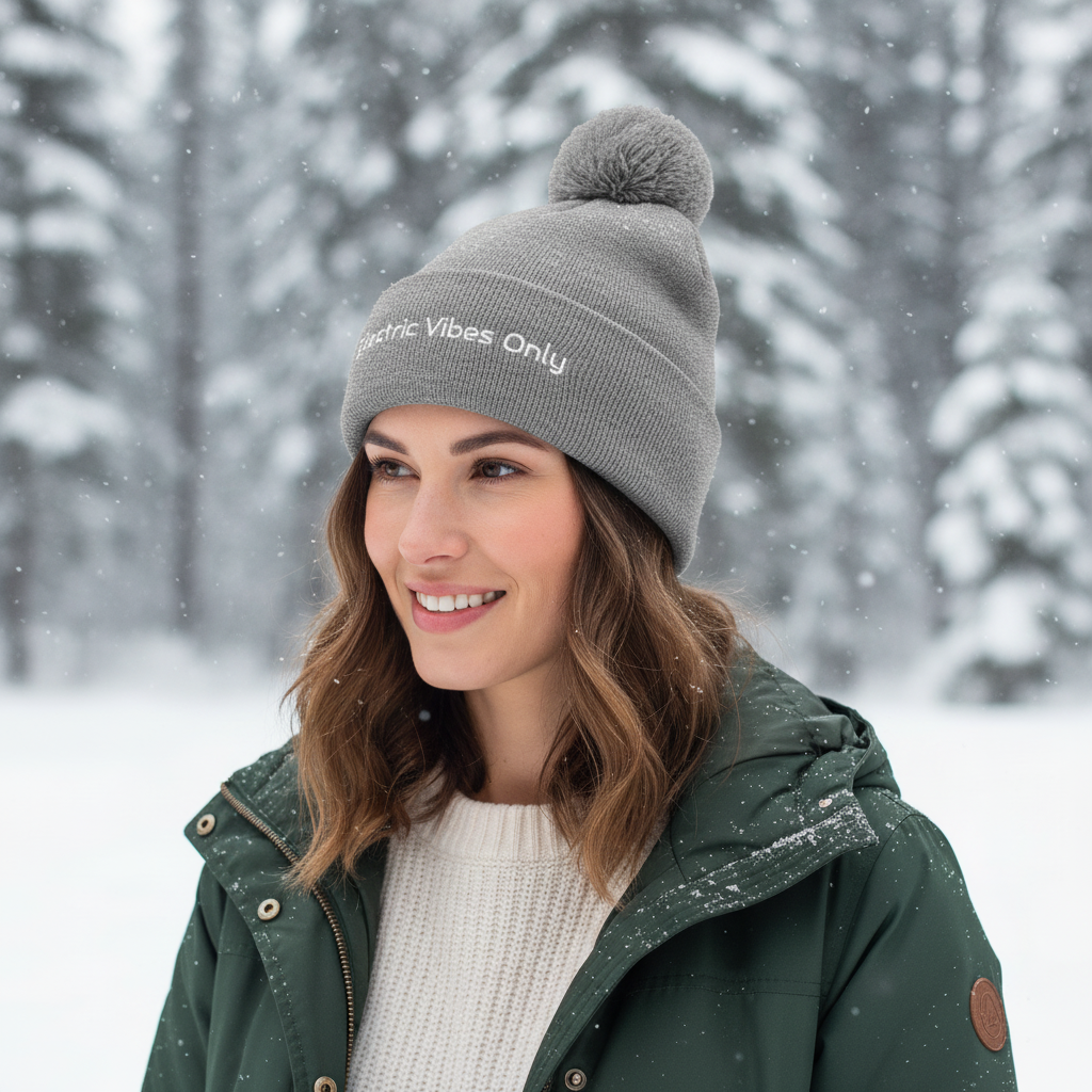 Three-quarter headshot of woman wearing Heather grey pom pom Electric Vibes Only beanie in snow