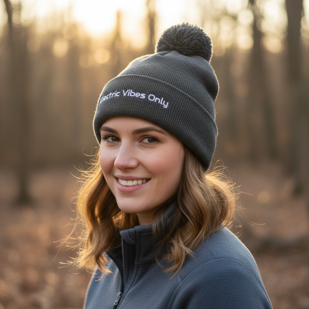 Three-quarter view headshot of woman wearing Dark heather grey  pom pom Electric Vibes Only beanie